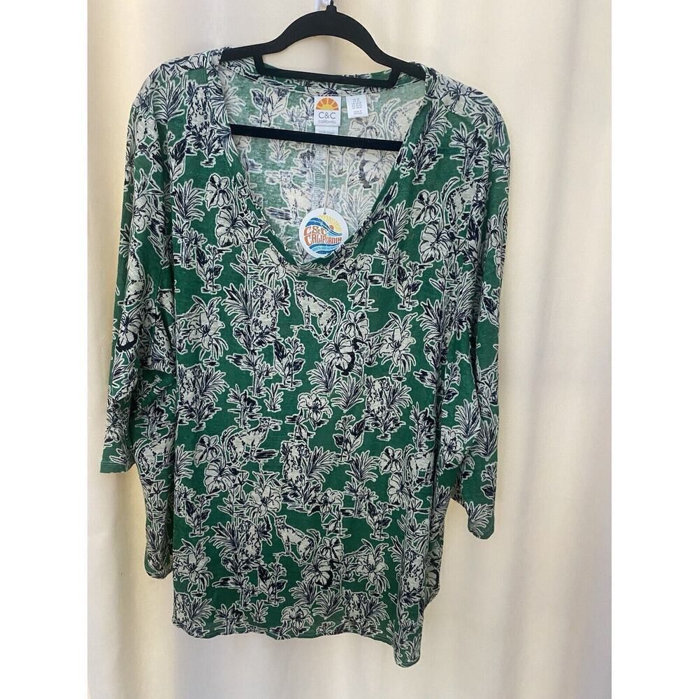 C&C California Women’s Green Multicolor 100% linen V-neck Top Size 3X‎
